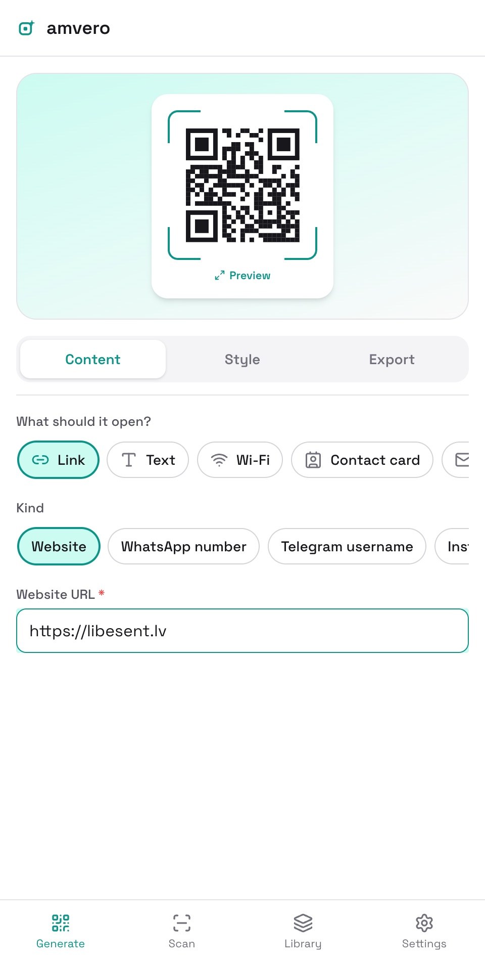 Ģenerēšanas ekrāns ar izvēlētu Saiti, tās izvēlni un Vietnes URL lauku